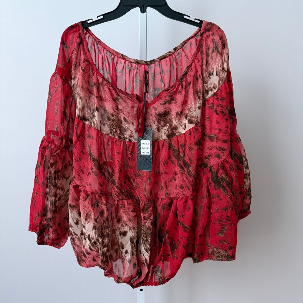 Colors of India Boho Flowy Animal Print Sheer Tiered Peasant Blouse OS Red